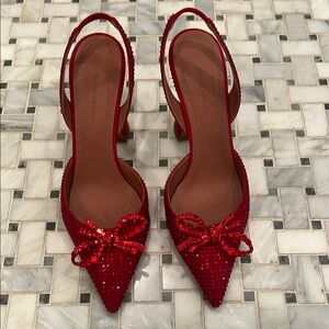 Amina Muaddi Red Rosie Crystal Embellished Slingback Heels